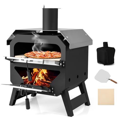 GYMAX Four à Pizza Extérieur à Bois ou à Pellets, avec Pierre de Cuisson, Pelle, Toit en Acier Anti-brûlure, Température Max.510℃, Poignées de...