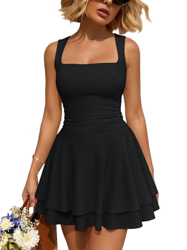 Trendy Queen Womens Mini 2026 Summer Spring Party Cruise Beach Vacation Clothes Outfit Athletic Resort Wear Date Night Teen Cute Flowy Sun Sundress Ruched Birthday Homecoming Short Dress Black