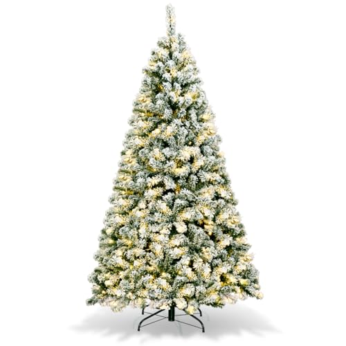 COSTWAY 6Ft Pre-Lit Artificial Christmas Tree, Snow Flocked Hinged Pine Tree with 250 Led Lights, 928 Branch Tips, Easy Assembly, Metal Stand, Perfect Xmas Decoration for Home, Office, Party