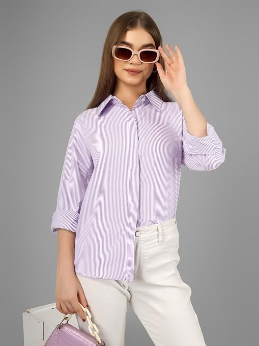 Image of Womens /GirlsClassic Lining Shirt for Women Cotton | Women's Striped Style top | Full Sleeve, Relaxed fit, Button-Down Casual Shirt for Girls & Women
