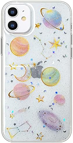 Abbery for iPhone 11 Case Space Theme Cute Glitter Sparkle Clear with Design Soft Silicone TPU Flexible Rubber Universe Rainbow Planet Star Women Girls Case for iPhone 11 (Planet)