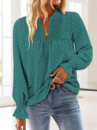 BETTE BOUTIK Boho Shirts Womens Long Sleeve Plus Size Crochet Blouses Dressy Casual Fall Winter V Neck Loose Western Flowy Tops Babydoll Chic Cute Shirt Azure 3X