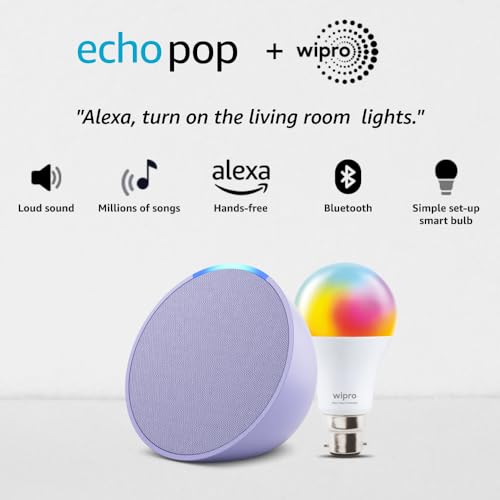 Image of Amazon Echo Pop (Purple) Smart Home Speaker Combo with Wipro 12W Simple Setup Smart Bulb | with Bluetooth and Alexa