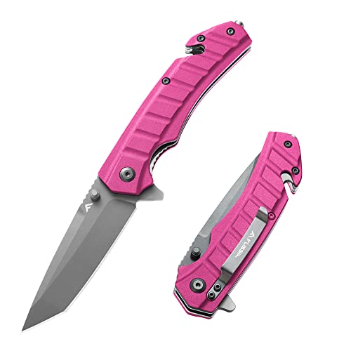 FLISSA Folding Pocket Knife, Tactical Knife with Liner Lock, Tanto Blade, Pocket Clip, Glass Breaker, Seatbelt Cutter, Perfect for Hunting, Camping, Survival (Pink)