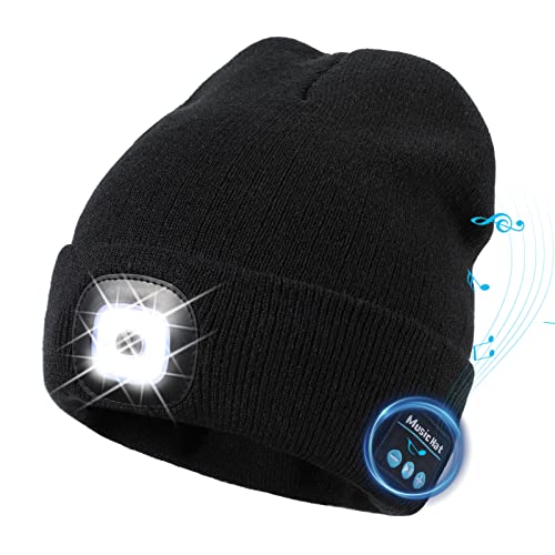 TAGVO Gorro Bluetooth 5.0, LED Ligero, Altavoz Estéreo y Micrófono Inalámbrico Incorporados, Gorro de Música de Punto Cálido Invierno para Correr Senderismo, Regalo Navidad para Hombres Mujeres