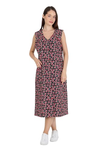 Phistan Damenkleid aus Webstoff – Schwarz-Rot mit Blumen