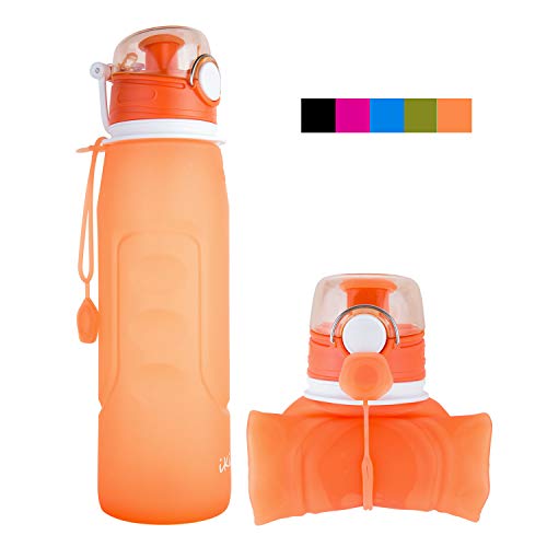 iKiKin Bouteille d'eau Pliable Silicone 1000ml, à l'épreuve des Fuites, sans BPA, FDA Approuvé, Bouteille Sport pour Plein Air, Voyages, Camping, Pique-Nique, Randonnée 1Litre (Orange)