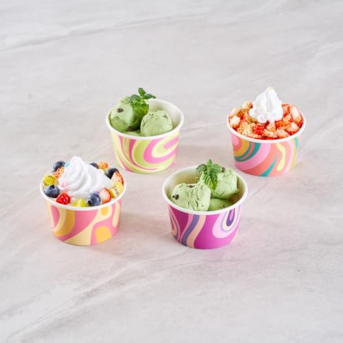 Image of Restaurantware Paper Cups 200 Count 8 Ounce Square Disposable Ice Cream Containers, Leak-Resistant Paper Dessert To Go Cups, Hot And Cold Food, Durable Assorted Groove Swirl Design