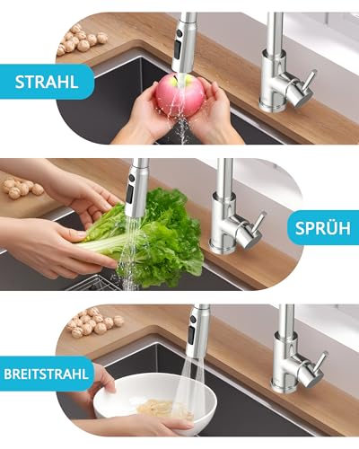 Küchenarmatur, Hochdruck Wasserhahn Küche Ausziehbar, Drei Strahlarten mit Küchenarmaturen, 360°-Drehbare Wasserhahn küche, Edelstahl-Armatur Küche(Edelstahl Gebürstet)