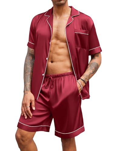 Image of Ekouaer Mens Satin Pajamas Set Button-Down Short Sleeve Shirt Top Soft Silk Sleepwear Shorts with Pockets