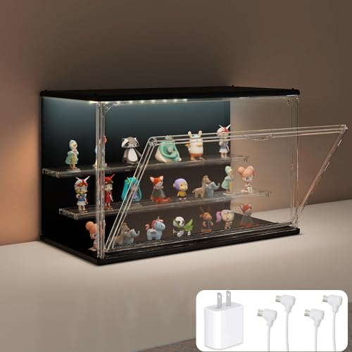 VERSSURE Clear Display Case for Collectibles, 3-Tier Adjustable Figure Display Case with LED Light, Stackable Acrylic Showcase with Magnetic Door for Jewelry,Collectibles (Black, 1 Pack-8.7" H)