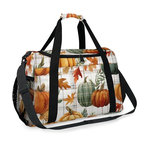 Kizmoglux Pumpkin Maple Leaf Plaid Travel Duffel Bag Weekender Overnight Bags for Women Men Foldable Waterproof Tote Bag with Trolley Sleeve2