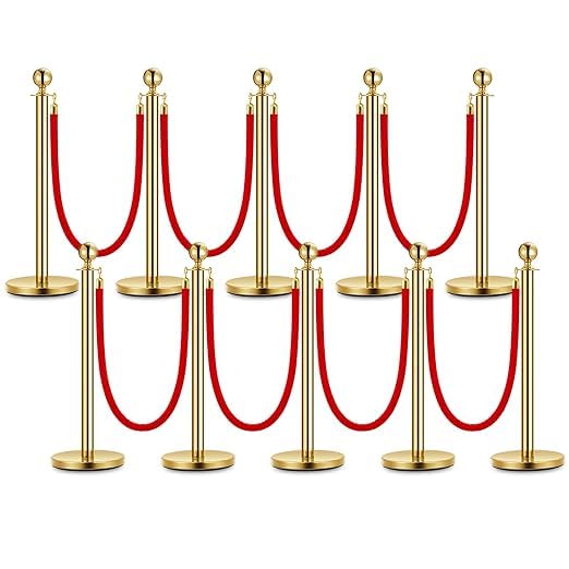10PCS Gold Stanchion Post, 5 Ft Red Velvet Rope Stainless Steel Crowd Control Barriers Used for Theaters Parties Wedding Museums Exhibition