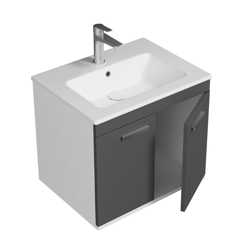 SANIVERRE RUBITE Meuble Salle de Bain Simple Vasque 2 Portes Anthracite Largeur 60 cm
