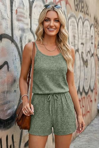Ekouaer Rompers for Women Summer Casual 2026 Sleeveless Scoop Neck Ribbed Adjustable Shorts Jumpsuit with Pockets Ice Green XL — view 2