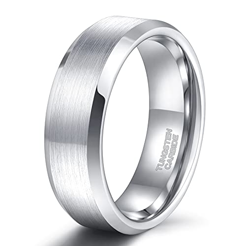 SHINYSO 8mm Tungsten Rings for Men Beveled Edges Brushed Wedding Bands Silver/Black Comfort Fit Size 12.5