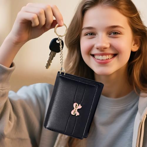 Image of Sunwel Fashion Cute Coquette Bow Wallet with Key-chain Aesthetic Card Holder ID Window for Women Girls (392BLACK)