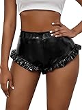 DIDK Damen PU Leder Shorts Hohe Taille PU Lederoptik Kurze Hose Kunstlederhose Nachtclub Hotpants mit Rüschenbesatz Schwarz L