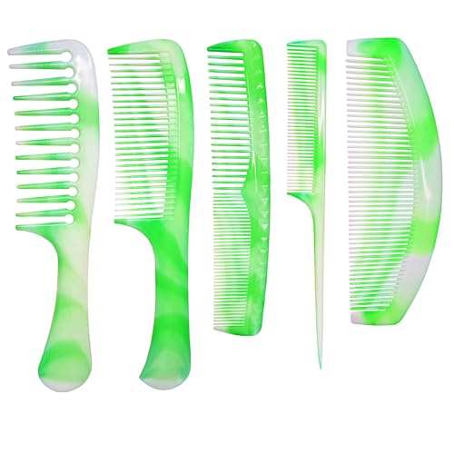 5-Piece Hair Comb Set - Wide Tooth, Fine-Tooth, Rat Tail, Dual Fine, Braiding & Cutting Combs for Men & Women - Shower & Styling (Green)
