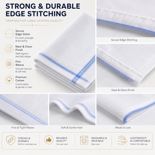 Image of Handkerchief for Men Cotton | Soft Pure Cotton Hanky Set for Men & Boys | White Rumal for Kids | Large Size 43 x 43 cm | Reusable Daily Use