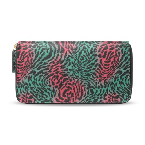 Long Wallets Leather Bifold Wallet for Women Cheetah Leopard Green Red with Zipper Credit Card Holder Large Capacity