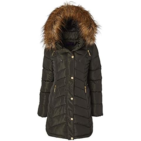 Sportoli Women Long Quilted Down Alternative Plush Lined Puffer Jacket Coat Fur Trim Hood - Olive (3X) Cover