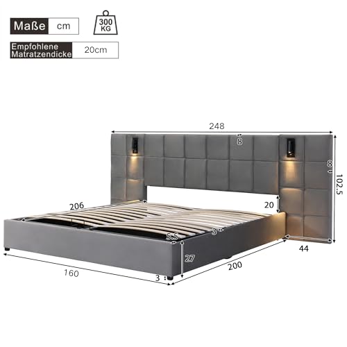 Merax Polsterbett 160x200cm mit Leselicht und USB-Aufladung, Doppelbett mit Lattenrost und Kopfteil, Funktionsbett mit Stauraum für Erwachsene & Jugend, Samtstoff, Grau (Ohne Matratze & Nachttisch) – Bild 3