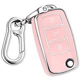 QBUC for VW Key Fob Cover with Keychain Silver Trim Soft TPU Compatible with Volkswagen Jetta Beetle Santana Scirocco Eos Tiguan Touran Polo MK5 Passat Golf GTI MK6(Pink)