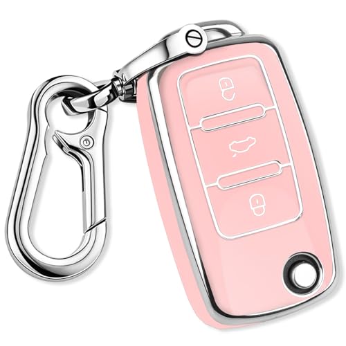 QBUC for VW Key Fob Cover with Keychain Silver Trim Soft TPU Compatible with Volkswagen Jetta Beetle Santana Scirocco Eos Tiguan Touran Polo MK5 Passat Golf GTI MK6(Pink)