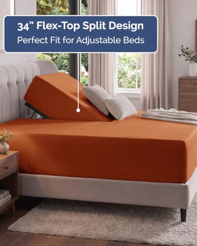 Image of Extra Deep Flex Top Split Head King Fitted Sheet - Hotel Luxury Single Fitted Sheet Only - Easily Fits 18 inch to 24 inch Mattress - Ultra Soft, Wrinkle Free w /Extra Deep Pockets - Terracotta
