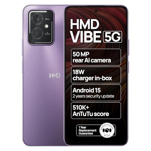 Image of HMD Vibe 5G | Android 15 | 50 MP Dual Rear AI Camera | Rear Notification LED | 510K+ AnTuTu Score | 1 Year Replacement Guarantee | 18W Fast Charger in-Box | Purple