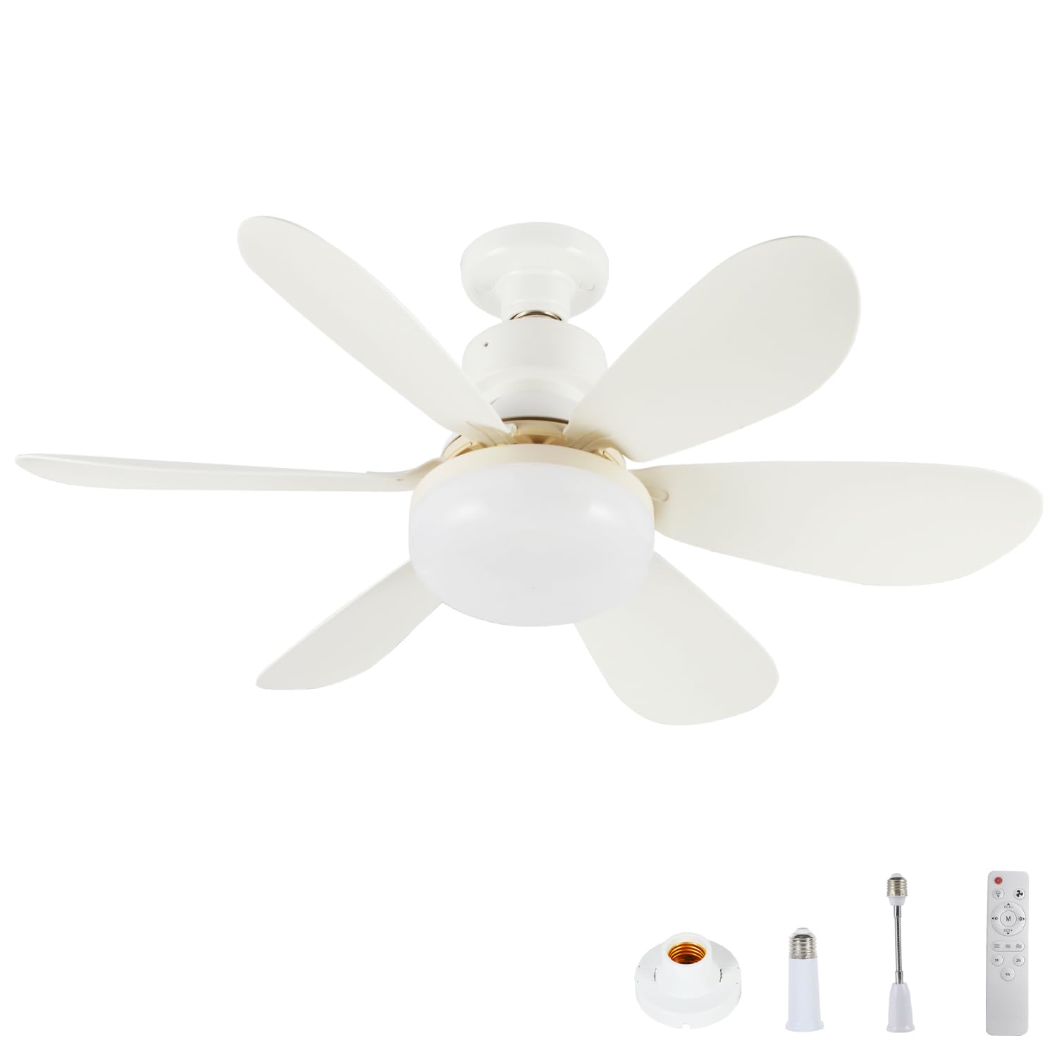 KCVV Ventilador de Techo Con Luz y Mando a Distancia,Ventilador Techo Silencioso de 52 cm,Con 3 Velocidades Ajustables Y Atenuación de 3 Colores (40 W), Con Base E27 y Dos Postes de Extensión