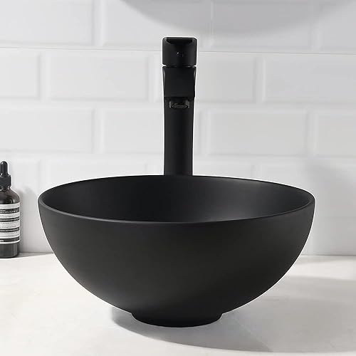 Miniatura 4 de VASOYO - Fregadero redondo negro con grifo y drenaje, combo de fregadero redondo de baño de 13 x 13 pulgadas, fregadero de cerámica de porcelana,