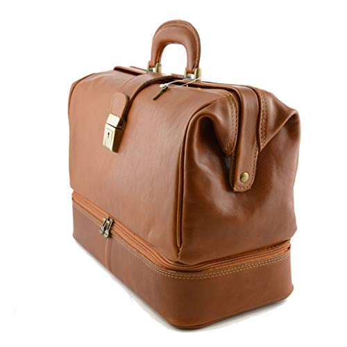 Bolso doctor en piel verdadera con doble fondo color cognac para profesionales