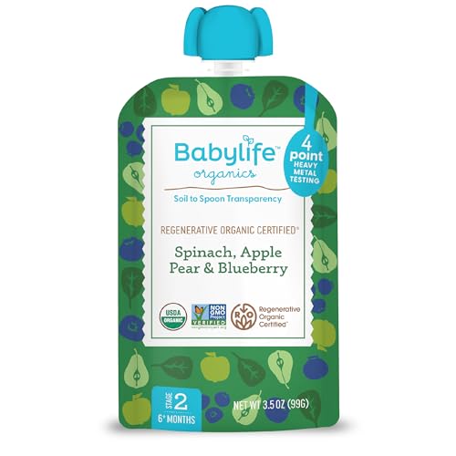 Babylife Organics Stage 2 - Spinach, Apple, Pear & Blueberry, 3.5 Ounce Pouch (1 Pack) - Heavy Metal Safe, Organic Baby Food