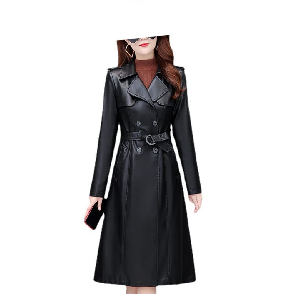 Chaqueta Moto Mujer,Gabardina De Piel Sintética Para Mujer, Chaqueta Negra Con Solapa Larga, Cinturón De Doble Botón, Bolsillo, Elegante, De Manga Larga, Ajustado, Moto Biker, Abrigo De Pu, Prend