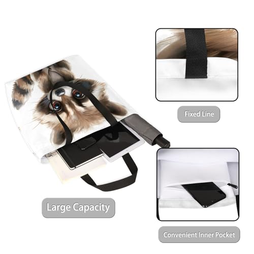 Cute Raccoons Large Capacity Canvas Tote Bag Stylish Handheld Shoulder Bag Reusable Shopping Bag for Work Travel Beach Trips Shopping2