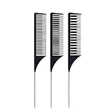 HESSION Juego de peine de cabello profesional de teñido de 3 piezas, peines resaltados para estilista, juego de cepillos de peinado con cola de rata larga de acero inoxidable para cabello (negro)