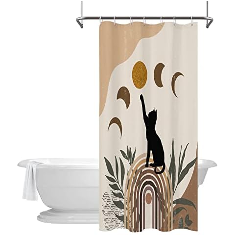 Kikiry Funny Black Cat Shower Curtain 36''W x 72''L Modern Abstract Mid Century Brown Moon Terracotta Boho Moonlit Aesthetic Geometric Polyester Fabric Waterproof 12 Pack Plastic Hooks… Cover