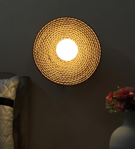 Image of AKWAY Rattan wall Lamps for Living Room | Bamboo wall Lights for Bedroom | Cane wall scones for Home Decoration (Cane Small Saucer - Brown)