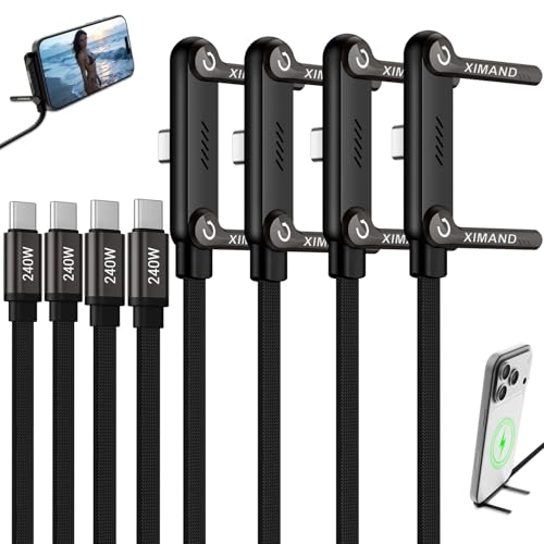 Image of Invisible Holder Charger Cable, 240W Fast Charging Cord, USB-C to USB-C Cable 1.5 M /4.9 FT with 360 Adjustable Metal Stand, 2 in 1 Holder Charger for Gaming, Office, Home, Black, 4 PACK