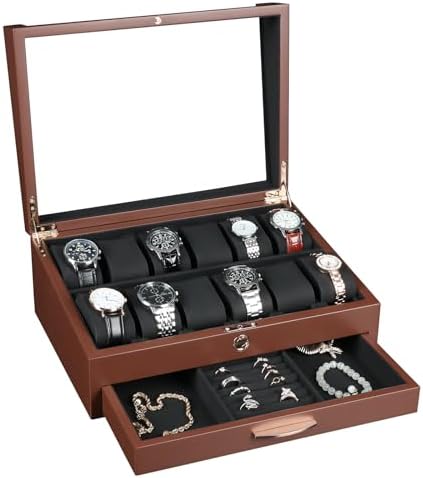 Watch Box for Men, Lockable Watch Case with Glass Lid, Watch Stand Watch Box Organizer for Men, watch holder organizer Watch Collection Box for Men, Brown