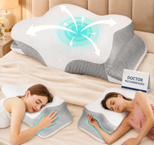 Hydomi Orthopaedic Cervical Pillow for Neck and Shoulder Pain Relief Memory Foam Neck Support Pillow for Side Back &Stomach Sleepers Ergonomic Contour Bed Pillow with Armrest Design Washable Cover