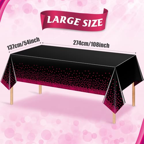 Image of 6 Pack Hot Pink and Black Plastic Tablecloth, Disposable Table Cloth for Rectangle Tables, Hot Pink Stamping Dot Black Tablecloth for Bachelorette Birthday Wedding Party Decorations, 54 inchx108 inch