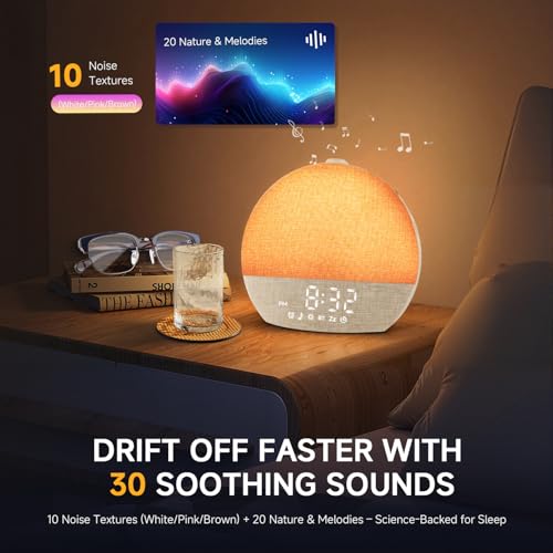 Image of Geuuap Sunrise Alarm Clock White Noise Sound Machine for Bedroom | Natural Wake-Up Light with 30 Soothing Sleep Aids, Bluetooth Speaker, Dimmable Clock, Screen-Free Design for Baby Adults Kids-Khaki