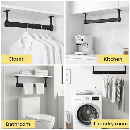Image of HASTHIP Wardrobe Hanger Rod - 50cm Adjustable Heavy Duty Aluminum Closet Rod Wardrobe Rods for Hanging Clothes Adjustable Spacing Design, with Pre-punched Mounting Plates & Screws