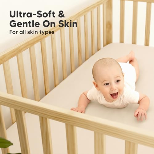 Image of 2-Pack Waterproof Baby Crib Sheets for Boys, Girls, 52x28 (Cameo) | Viscose Derived from Bamboo Toddler Bed Sheet Neutral, Fitted Crib Mattress Protector Cover for Baby Bedding, Soft & Gentle