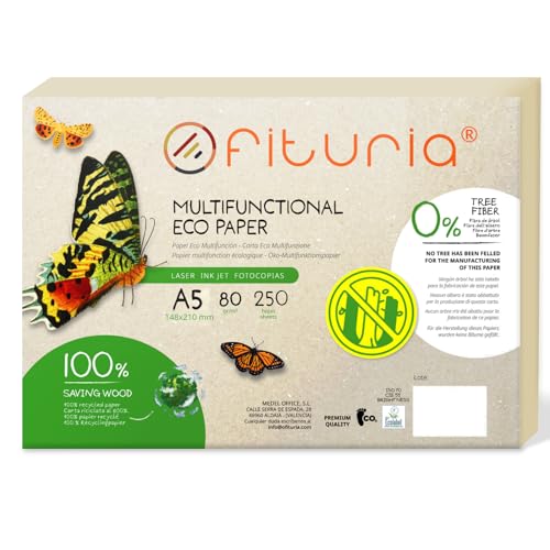 Componenti della Carta Stampante A5 100% Riciclata – Carta Ecologica per Ufficio, Compostabile e Biodegradabile Carta riciclata A5 prodotta al 100% da fibra riciclata (0% fibra di albero). Carta ecologica ufficio compostabile, biodegradabile e riciclabile. Una scelta sostenibile che riduce rifiuti e supporta una carta riciclata 100% di alta qualità. Ideale come carta riciclata bianca, carta riciclata stampante laser e carta riciclata getto d’inchiostro.