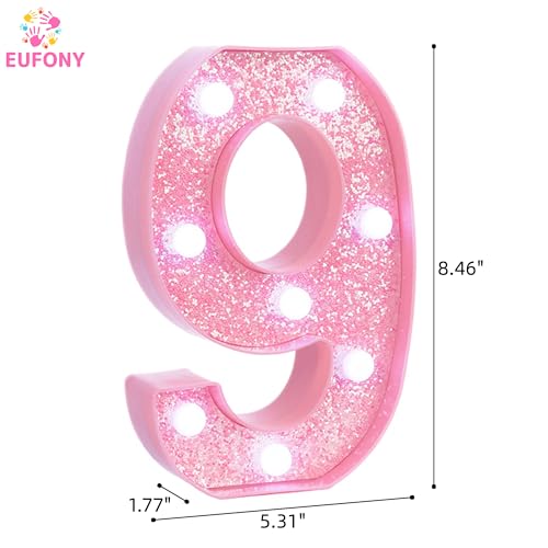 Image of Pink Light Up Marquee Numbers, Glitter LED Number Lights Signs Battery Operated for Girls 9th 19th 29th Pink Birthday Party Table Decorations, 8 Inch Tall Number 9 with Cool White Lights
