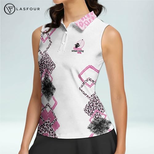 Personalized Breast Cancer Golf Shirts Golf Shirts for Women Sleeveless with Collar, Support The Fighters Admire The Survivors Remember The Angels, Women's Sleeveless Golf Shirts Leopard2